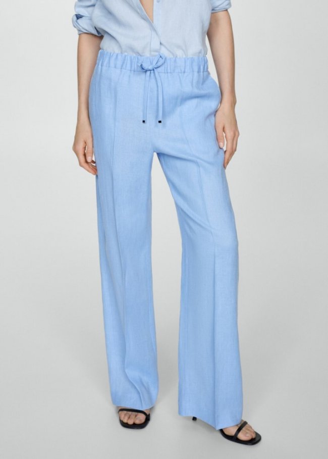 Mango Pantalón lino cintura elástica - Azul celeste