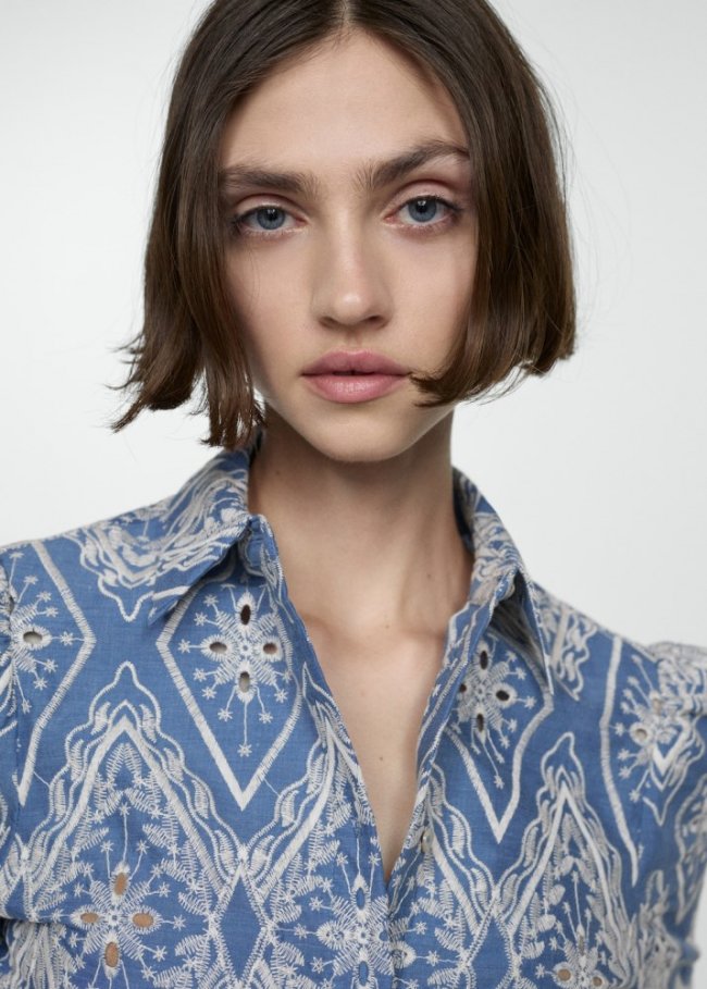 Mango Camisa bordada calada - Azul