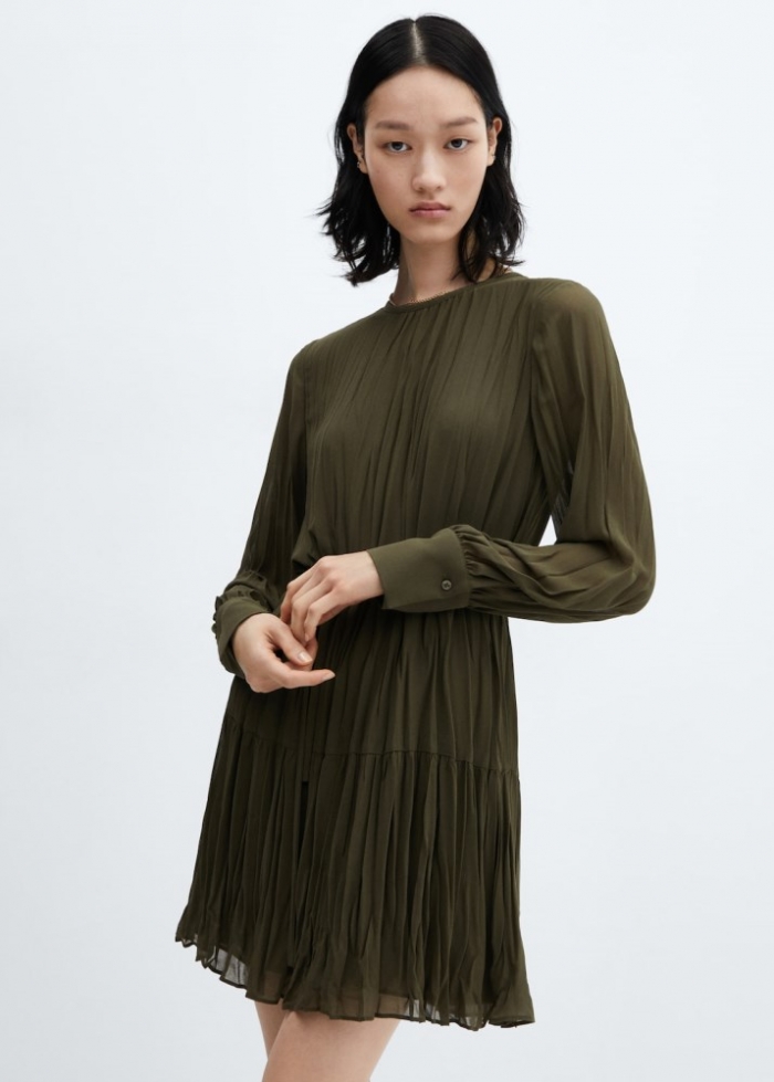 Mango Vestido corto plisado - Khaki