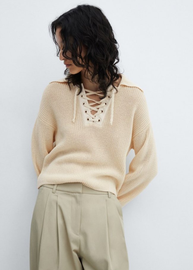 Mango Jersey cuello pico cordón - Crudo