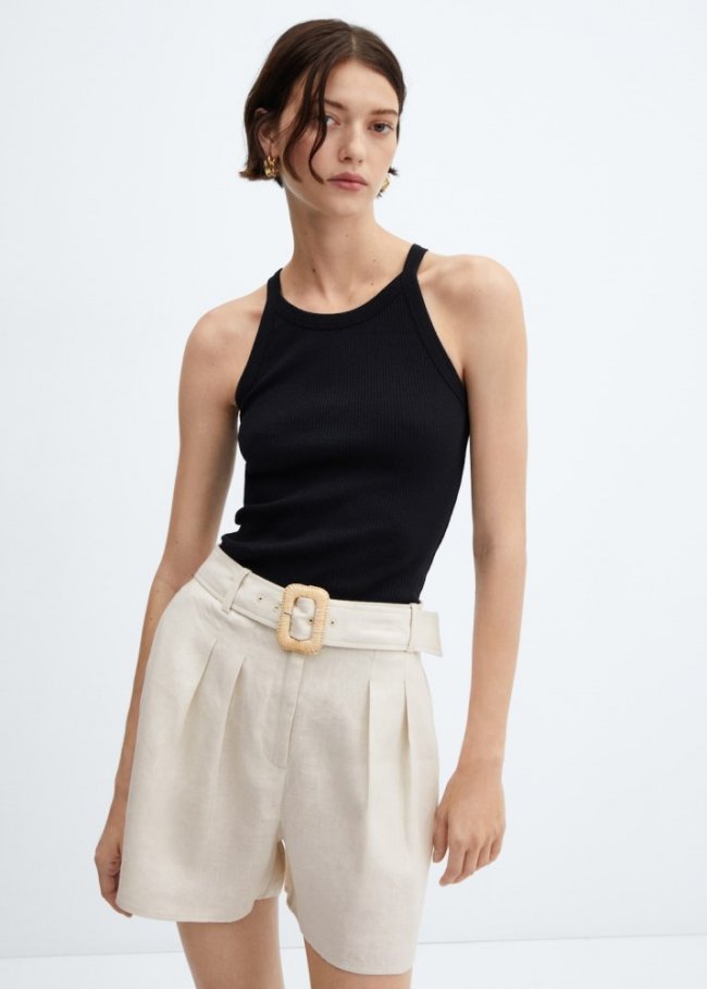 Mango Shorts lino cinturón - Beige