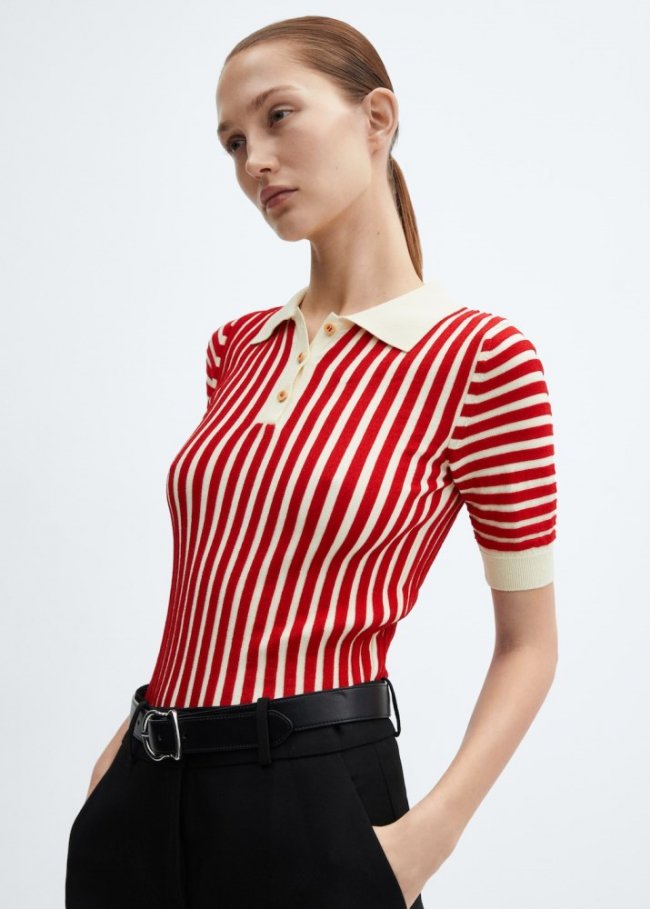 Mango Jersey rayas cuello polo - Rojo