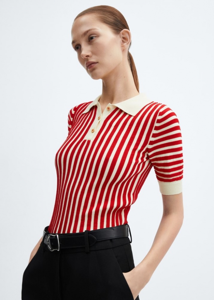 Mango Jersey rayas cuello polo - Rojo