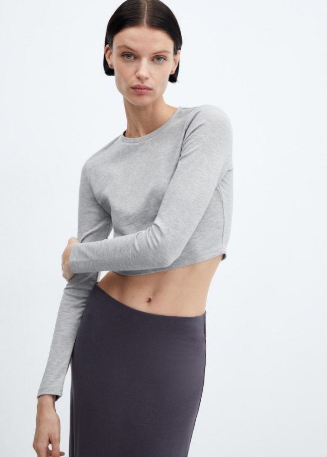 Mango Camiseta crop manga larga - Gris claro vigoré