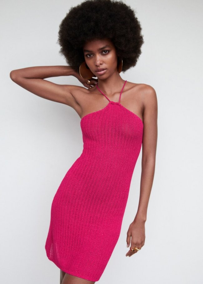 Mango Vestido crochet cuello halter - Fucsia