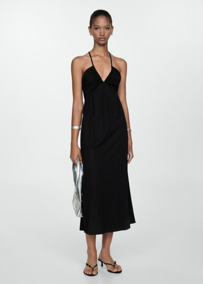 Mango Vestido midi fruncido - Negro