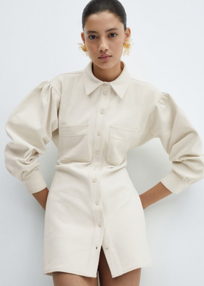 Mango Vestido corto manga abullonada - Crudo