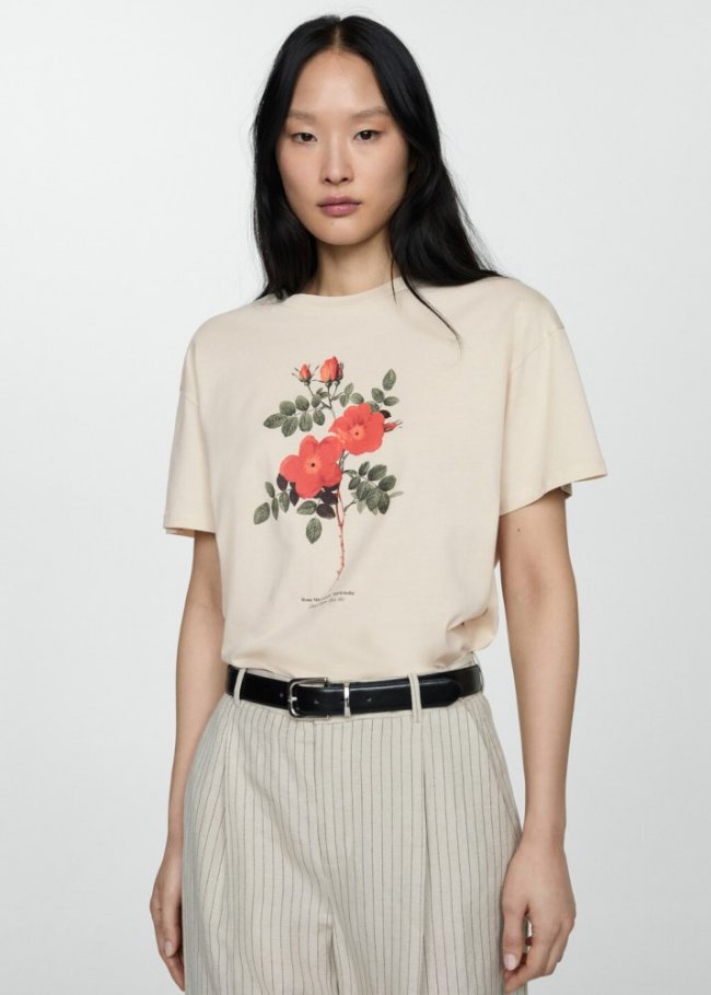 Mango Camiseta algodón estampada - Beige