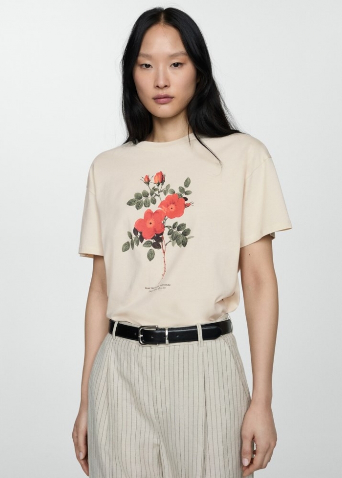 Mango Camiseta algodón estampada - Beige