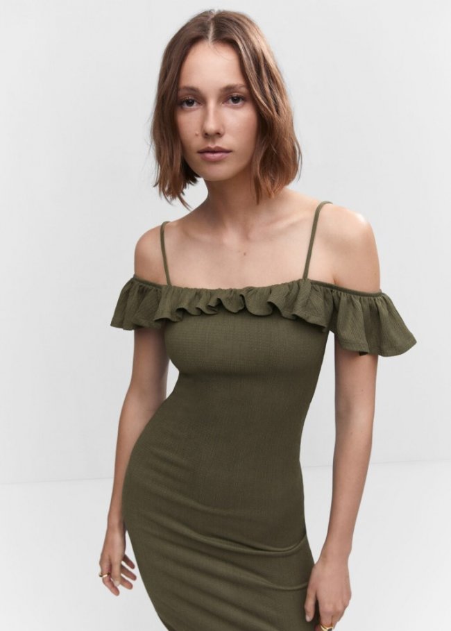Mango Vestido textura volante - Khaki