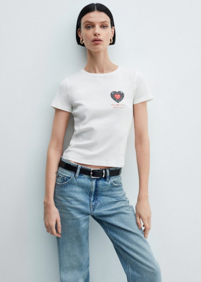 Mango Camiseta algodón mensaje - Blanco