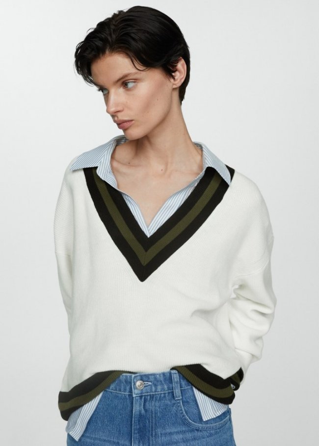 Mango Jersey cuello pico contraste - Crudo