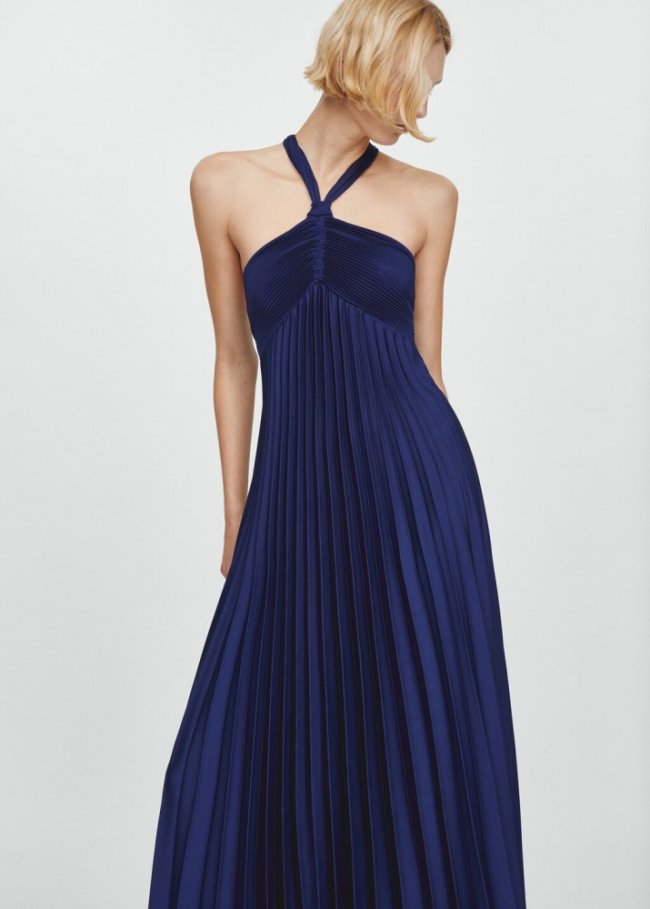 Mango Vestido plisado cuello halter - Azul noche