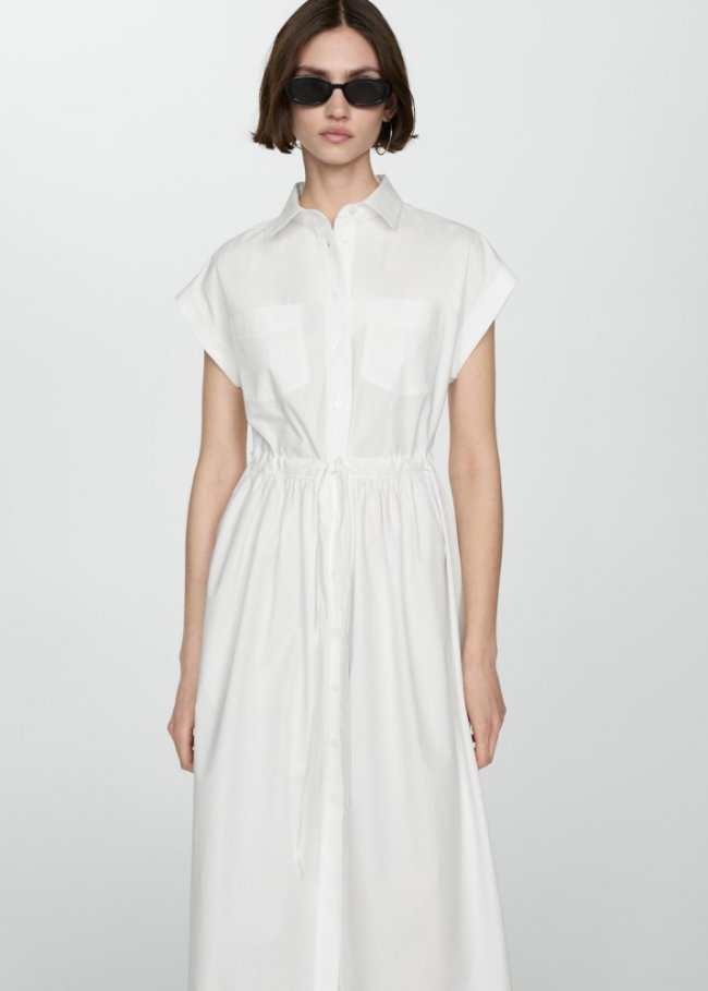 Mango Vestido camisero cintura fruncida - Blanco