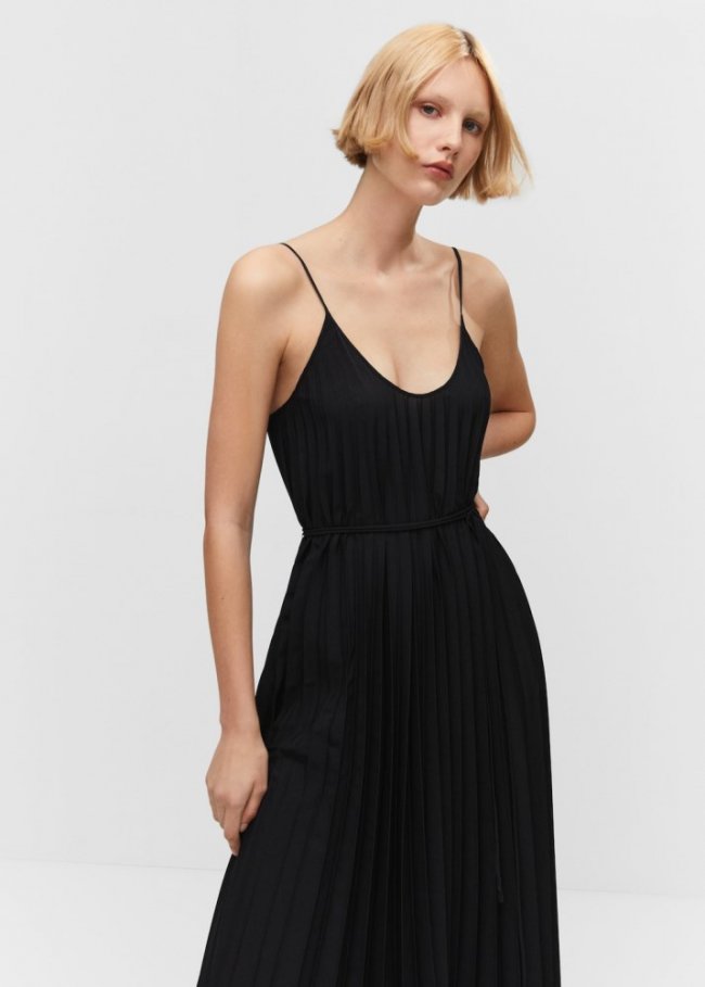 Mango Vestido plisado cordón - Negro