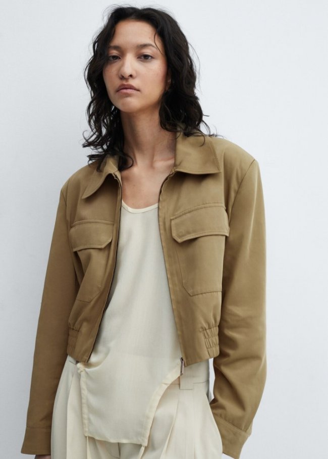 Mango Chaqueta crop bolsillos - Khaki