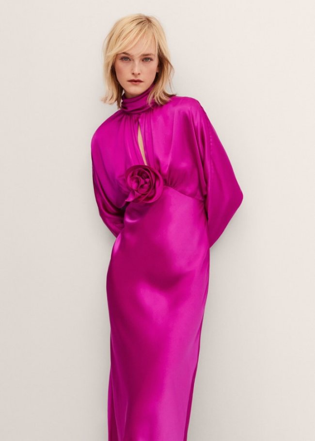 Mango Vestido satinado detalle flor - Violeta