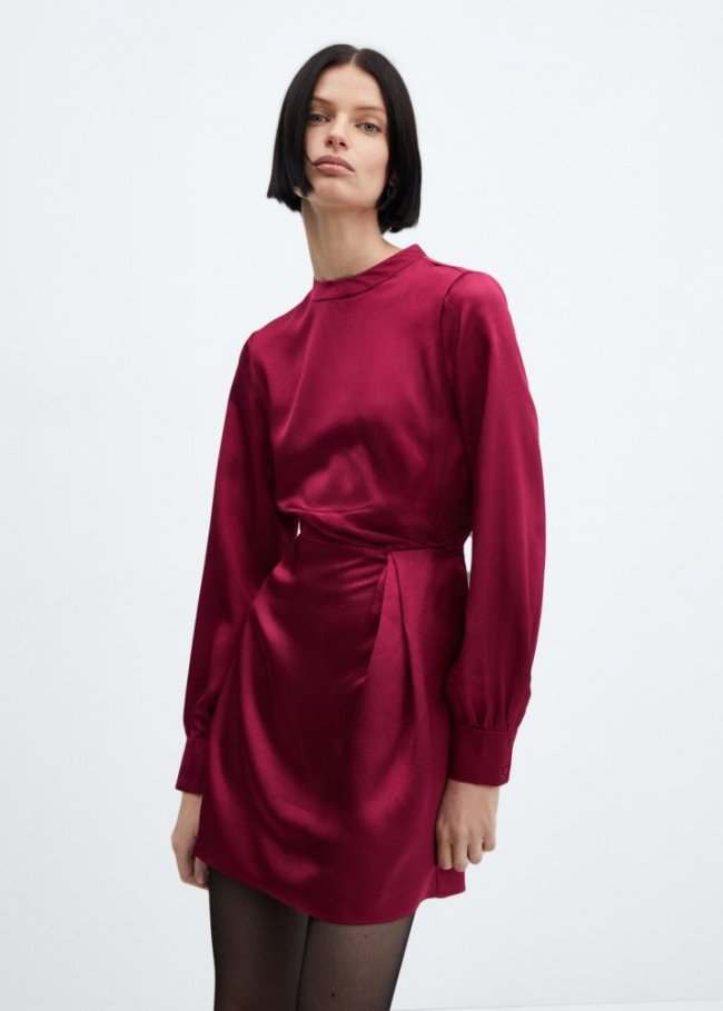 Mango Vestido satinado manga abullonada - Rojo medio