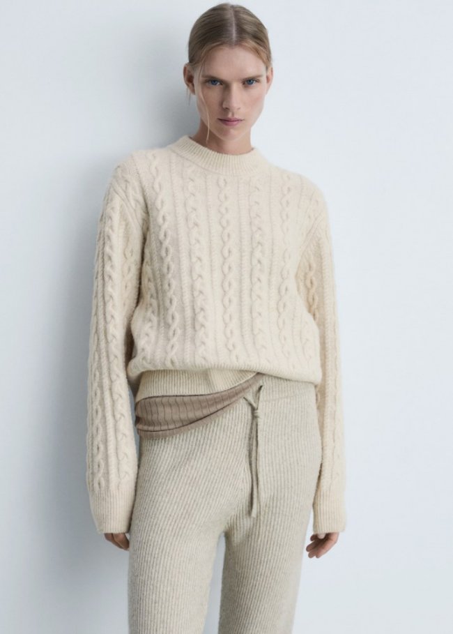 Mango Jersey trenzado cuello redondo - Crudo
