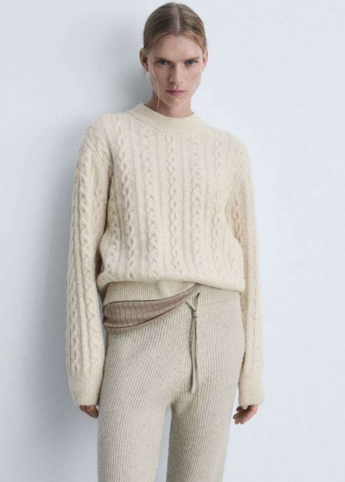 Mango Jersey trenzado cuello redondo - Crudo