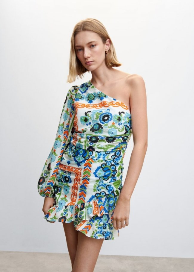 Mango Vestido asimétrico fruncido - Blanco roto