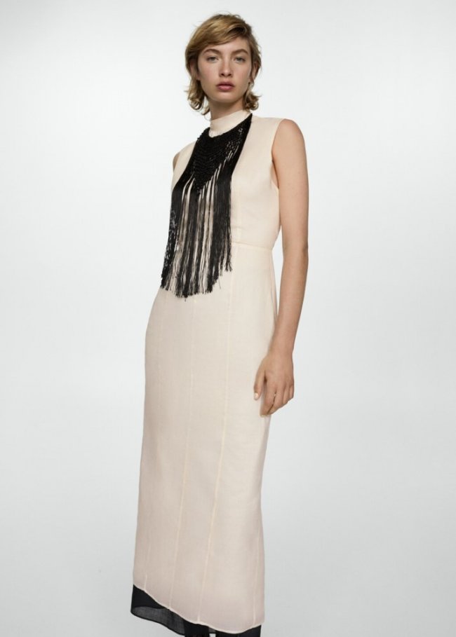Mango Vestido ramio espalda abierta - Blanco roto