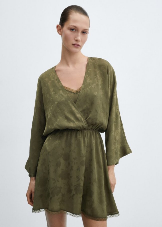 Mango Vestido jacquard floral satinado - Khaki