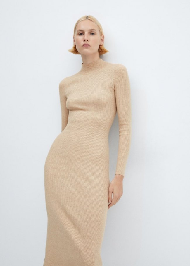 Mango Vestido canalé cuello perkins - Marrón medio