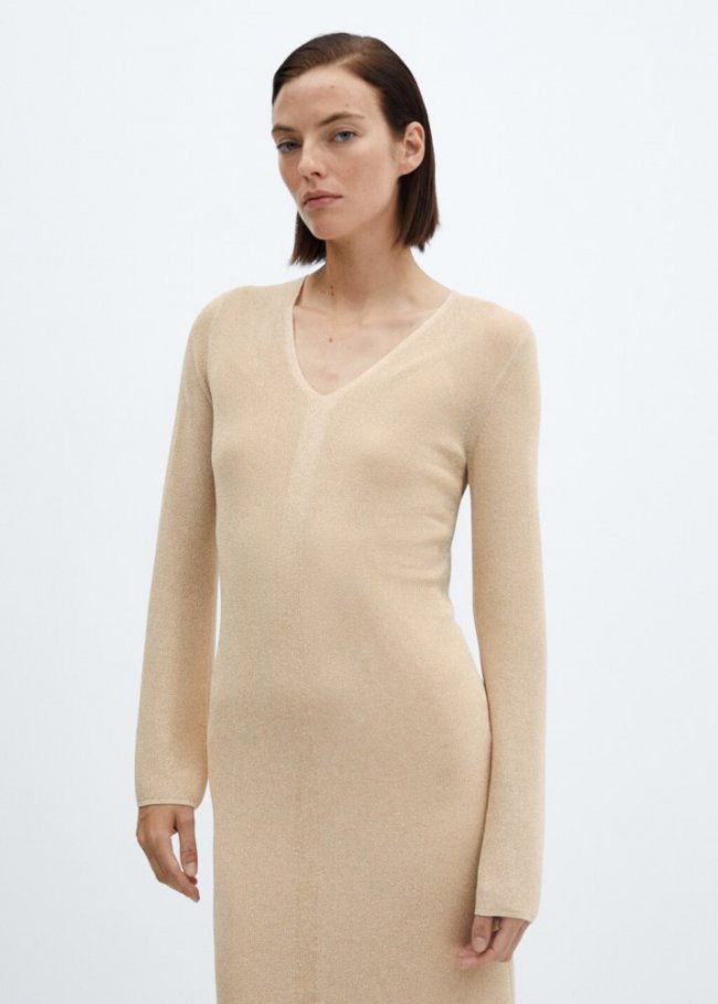 Mango Vestido midi punto lúrex - Oro