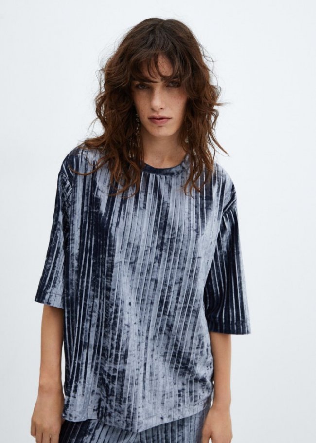 Mango Camiseta plisada terciopelo - Azul