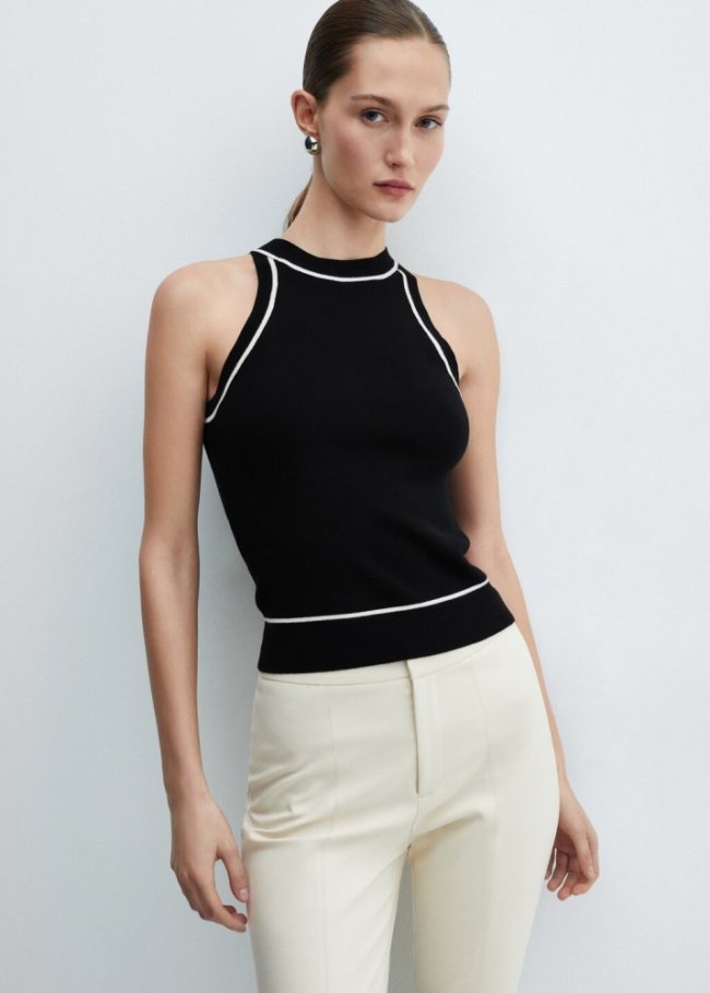 Mango Top ribetes contraste - Negro