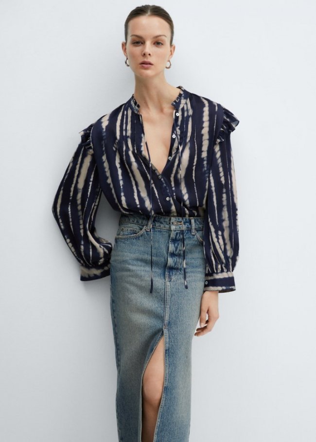 Mango Blusa satinada estampada - Azul marino oscuro