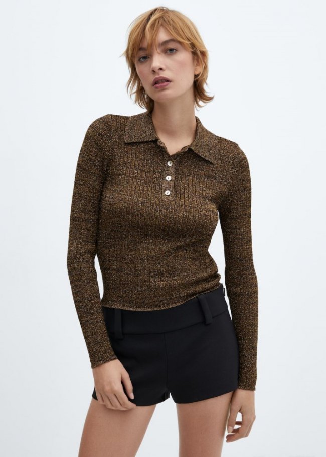 Mango Jersey lúrex cuello polo - Ocre
