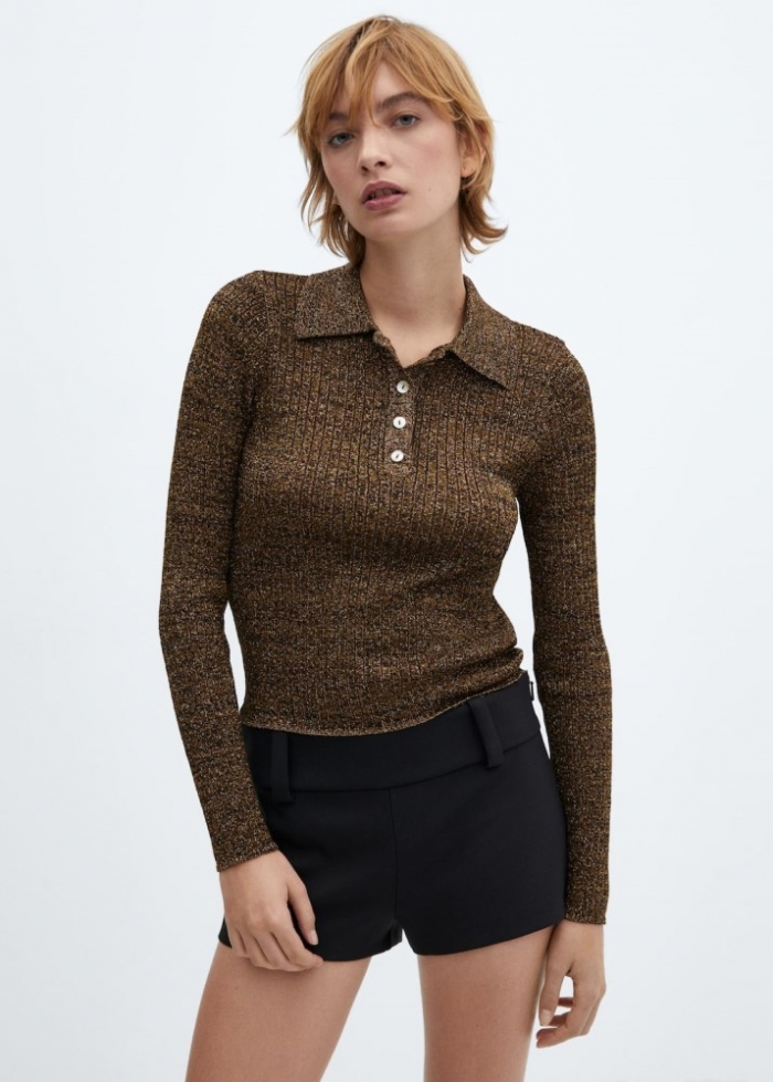 Mango Jersey lúrex cuello polo - Ocre