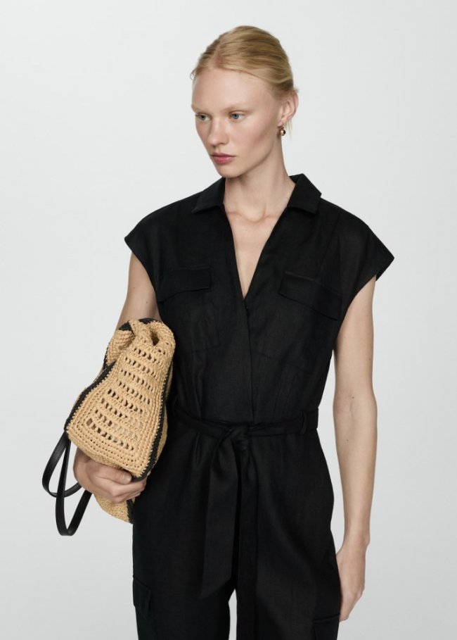Mango Mono lino estilo cargo - Negro
