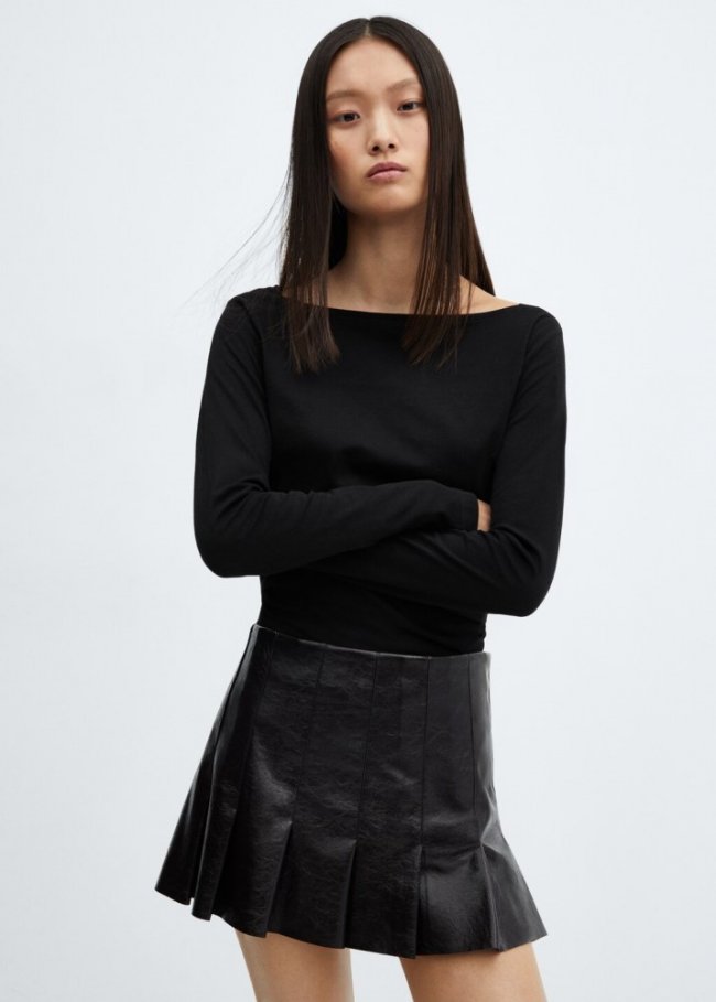 Mango Camiseta cuello barco algodón - Negro