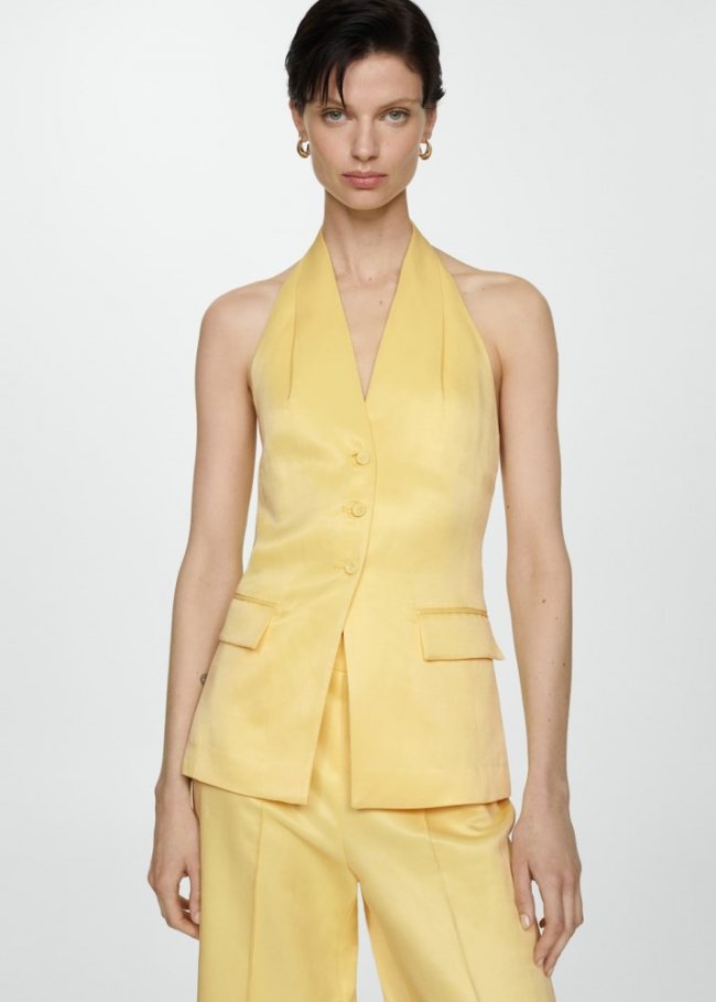 Mango Chaleco cuello halter botones - Amarillo pastel