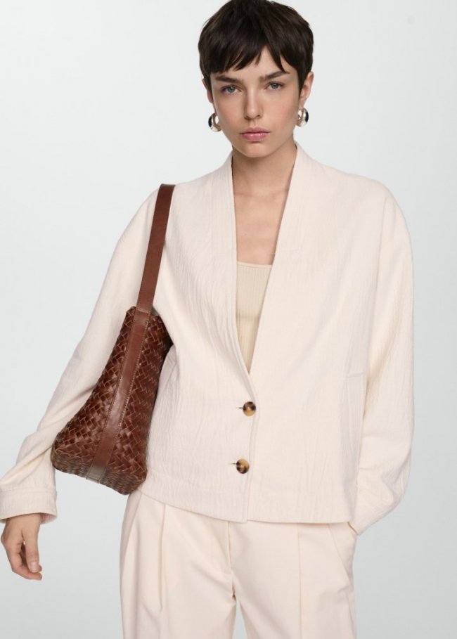 Mango Chaqueta algodón cuello pico - Crudo