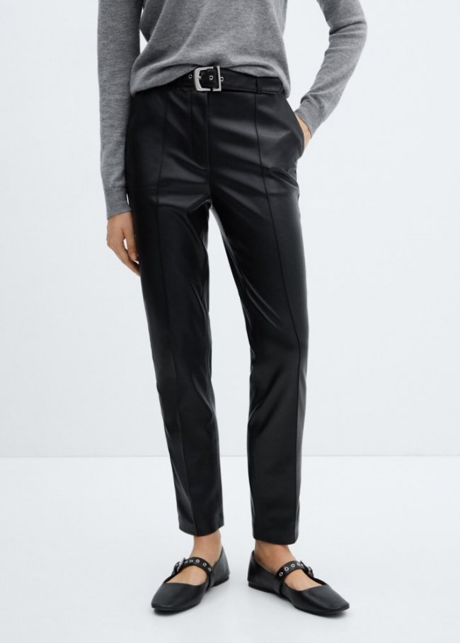 Mango Pantalón cinturón efecto piel - Negro