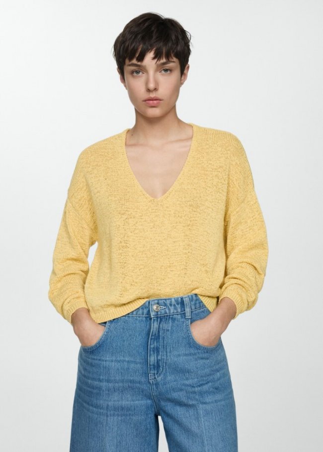 Mango Jersey punto fino cuello pico - Amarillo