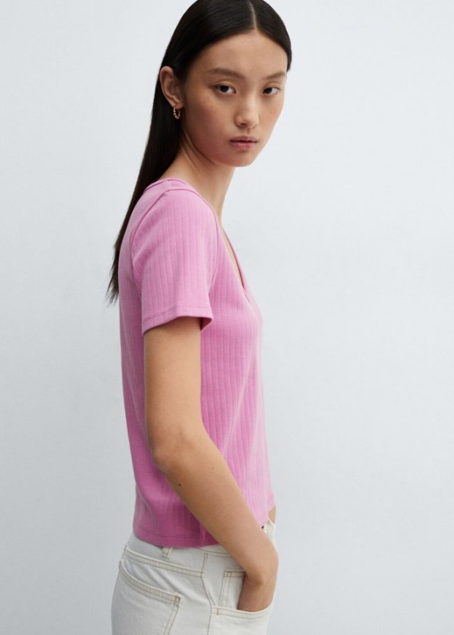 Mango Camiseta rayas cuello pico - Rosa