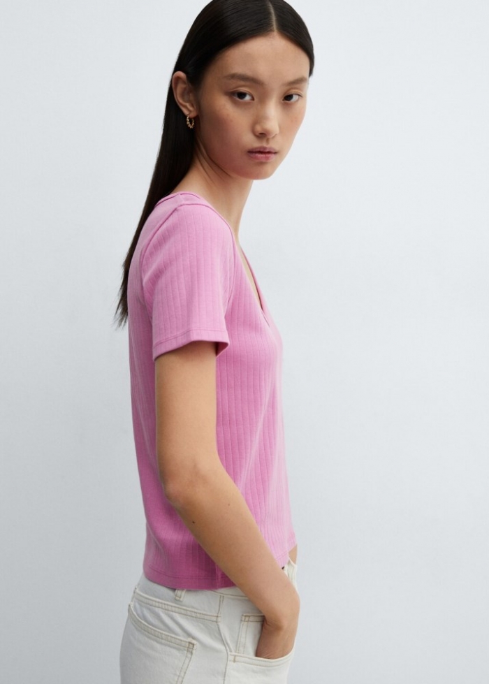 Mango Camiseta rayas cuello pico - Rosa