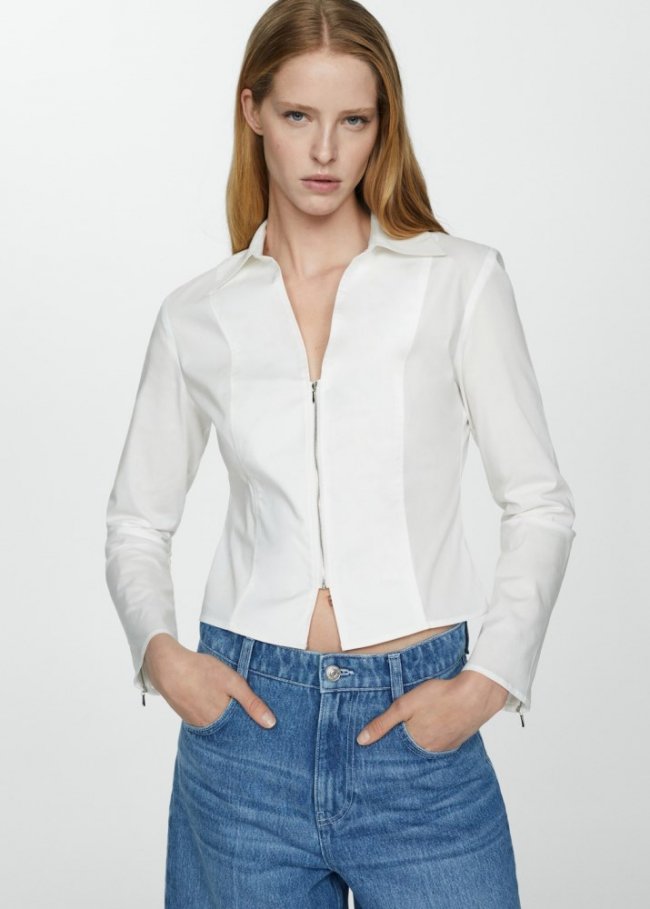 Mango Camisa entallada cremallera algodón - Blanco roto