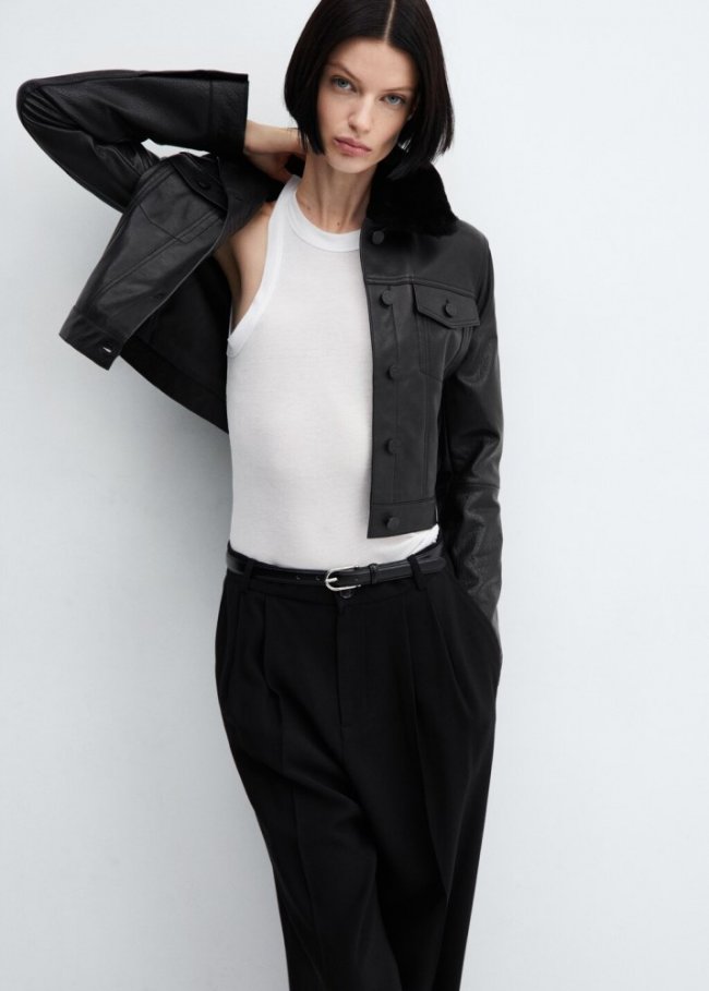 Mango Chaqueta piel cuello pelo - Negro