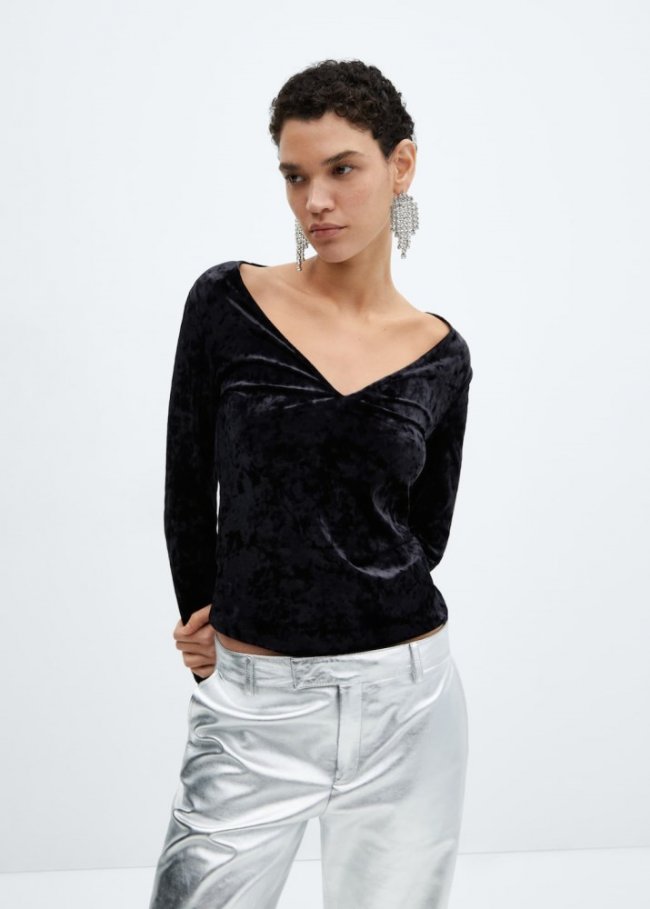 Mango Camiseta terciopelo escote pico - Azul
