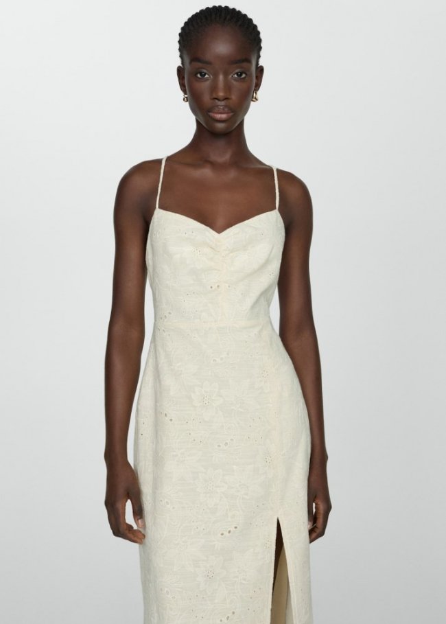 Mango Vestido bordado abertura lateral - Arena
