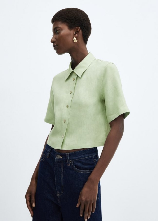 Mango Camisa manga corta lino - Verde pastel