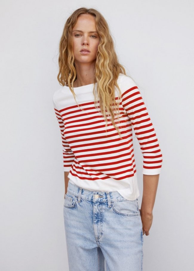 Mango Camiseta rayas cuello barco - Rojo