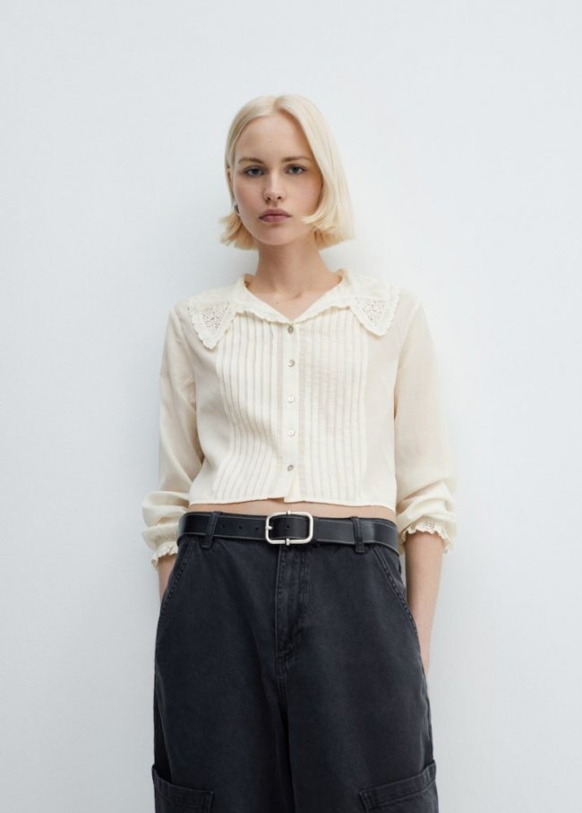 Mango Camisa cuello calado - Blanco roto