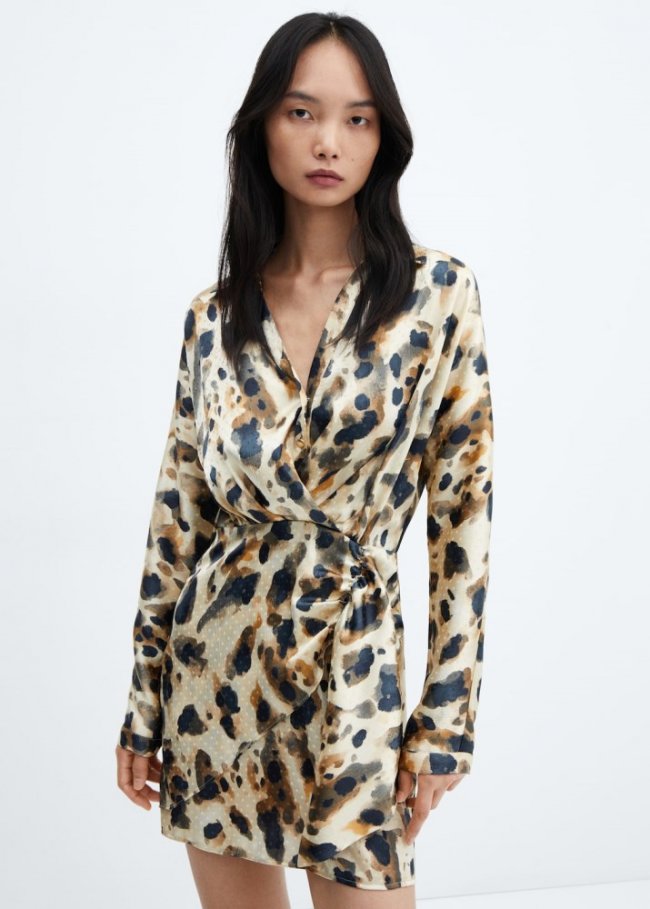 Mango Vestido satinado leopardo - Beige